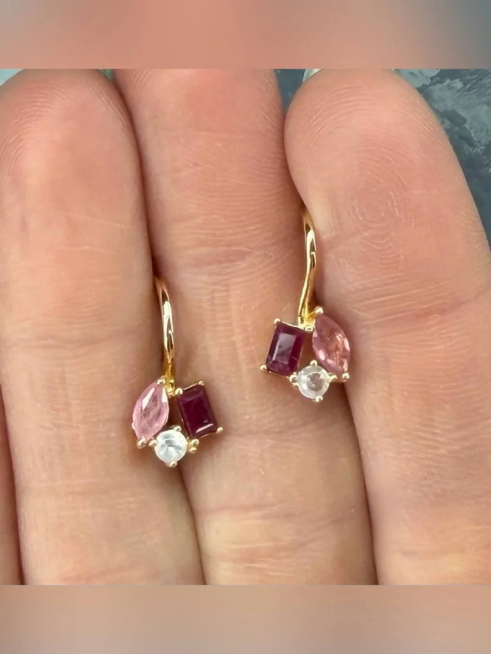 Stunning Natural 1.10CT Red & Pink Ruby & Topaz French Hook 18K Gold Earrings